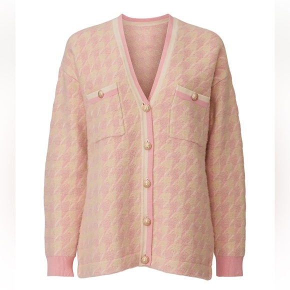 Sandro Kimberley Houndstooth Pink Cardigan Sweater - Picture 5 of 12